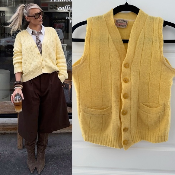 Sweaters - 1960s Yellow Button-Up Sweater Vest 100% Virgin Wool